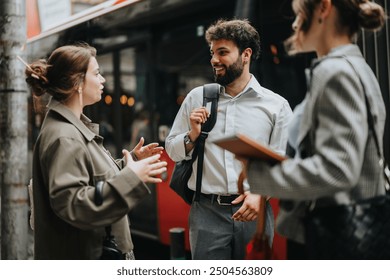 Group of three businesspeople having a friendly conversation outdoors in an urban setting near a bus stop, exchanging ideas and collaborating. - Powered by Shutterstock