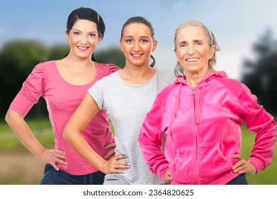 Group of three cheerful women doing fitness over white background - Shutterstock ID 2364820625