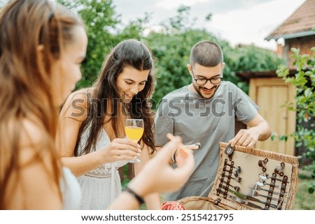 Similar – Gruppe von Freunden, die Spaß an einem Sommergrill haben.