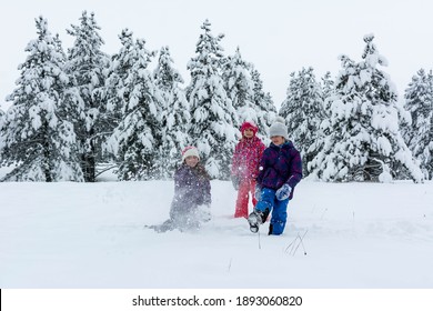 Group Of Three Kids Girls Playing In Snow Together. Group Of Children Playing On Snow In Winter Time