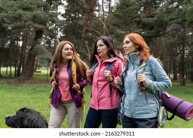 Group Of Three Mature Women Hiking, Smiling Female Friends Hiking In Mountains