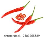 Group of three ripe red hot chili peppers Thai and sliced, isolated on a white background. Full depth of field.