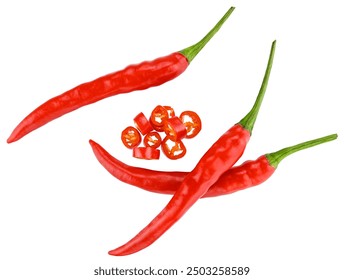 Group of three ripe red hot chili peppers Thai and sliced, isolated on a white background. Full depth of field. - Powered by Shutterstock