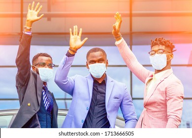 A Group Of Three Stylish African American Students Entrepreneurs In Fashion Business Suits In A Summer Cafe Outdoors Handshaking Outdoors High Five