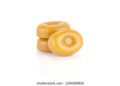 Group Of Three Whole Hard Caramel Cream Candy Butterscotch Variety Isolated On White Background