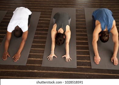 Group Of Three Young Sporty Afro American And Caucasian People Practicing Yoga Lesson Stretching In Child Exercise, Balasana Pose, Working Out, Indoor, Studio Top View. Healthy Lifestyle Concept