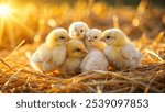 A group of tiny baby chicks huddling together on a bed of straw in soft morning light 