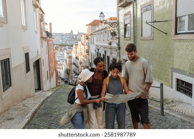 Group of tourists consulting a map while discovering the vibrant streets of lisbon, portugal, enjoying their adventure in the historic city