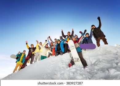 Group of tourists having fun at ski and snowboard resort Sheregesh. Siberia, Russia - Powered by Shutterstock