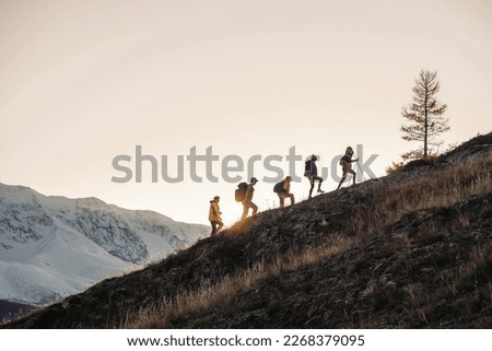 Group of tourists silhouettes walks with backpacks in mountains