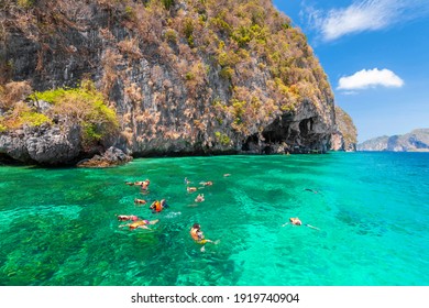 Group of tourists snorkeling at Phi Phi Island 
