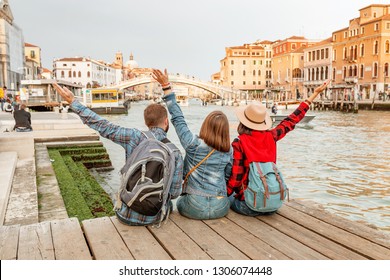 Group Of Tourists At Venice Canal, Travel And Vacation For Friends In Italy And Europe Concept