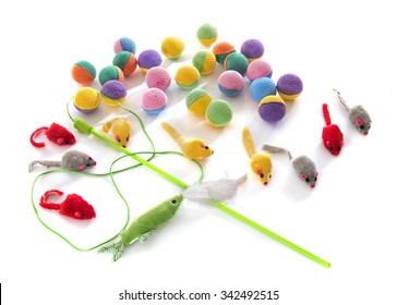 Group Of Toys For Cat In Front Of White Background