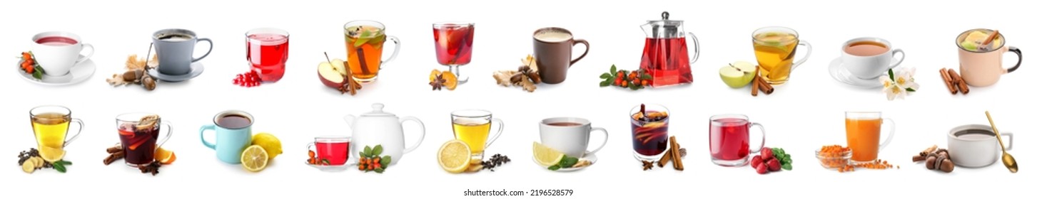Group of traditional hot beverages on white background
