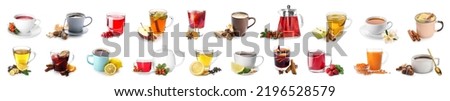 Group of traditional hot beverages on white background