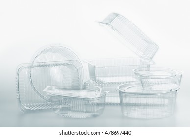 Group Of Transparent Plastic Containers Box Of Food Package On White Background