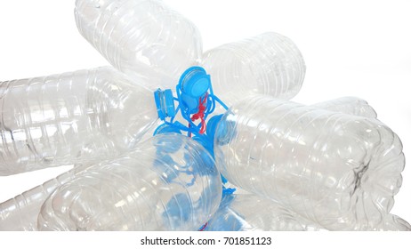 Group of transparent plastic empty bottles with blue cap tied with a red rope on white background