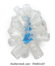 Group of transparent plastic empty bottles with blue cap tied with a red rope on white background