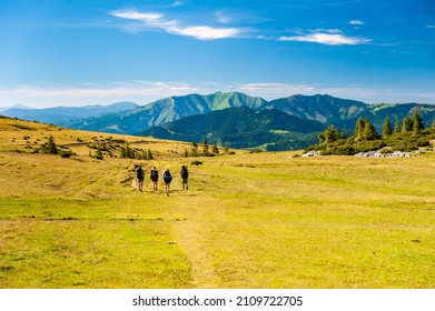 Group of trekkers hikers with backpacks descending with veiw of Maramures ridge from Rodna Mountains, Muntii Rodnei National Park, Romania, Romanian Carpathian Mountains, Europe.
