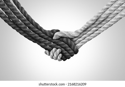 Group Trust concept and connected symbol as different ropes tied and linked together shaped as a handshake or hand shake as a faith metaphor as a trusted partner for support and strength.