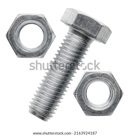 Group of two steel nuts and one bolt arranged as percent sign, isolated on white background