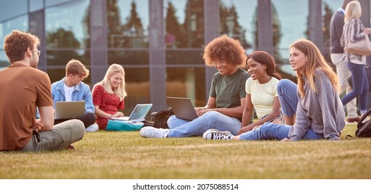 Group Of University Or College Students Sit On Grass Outdoors On Campus Talking And Working