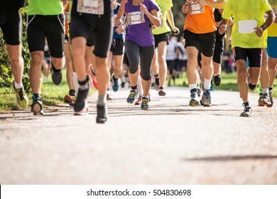 Group Of Unrecognizable Runners Outdoors. Long Distance Running.