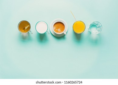 Group Useful Colorful Beverages Drink Coffee Milk Tea Orange Juice Water Flat Lay Still Life Table Top View Blue Background