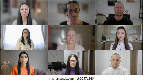 Group Using Video Conferencing technology in office for video call with colleagues abroad. People look at web cameras listen webinar lecture participate group conference call with female leader.
