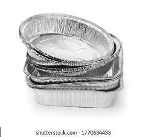 Group Of Various Disposable Aluminium Foil Baking Dishes Isolated On White