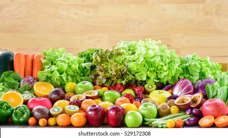 Group of various fresh fruits and vegetables for healthy, Arrangement different fresh fruits and vegetables