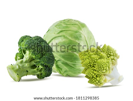 Group of vegetables cabbage, broccoli, romanesco, isolated on white background