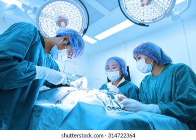 group of veterinarian surgery in operation room take with art lighting and blue filter  