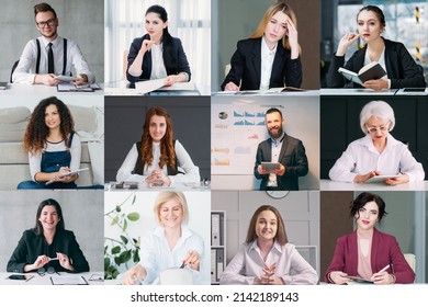 Group Video Chat. Business Telework. Corporate Webcast. Collage Of Diverse Team Discussing Project Online In Virtual Office On Screen.