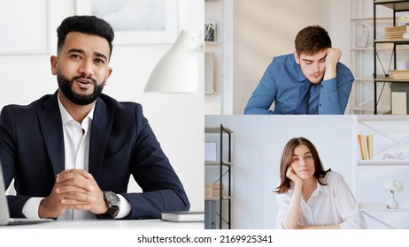 Group Video Chat. Business Webinar. Wfh Cooperation. Corporate Telework. Screenshot Of Tired Bored Colleagues Working From Home At Digital Office.