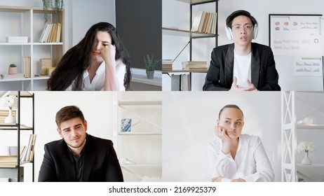 Group Video Chat. Business Webinar. Wfh Cooperation. Corporate Telework. Screenshot Of Tired Bored Colleagues Working From Home At Digital Office.