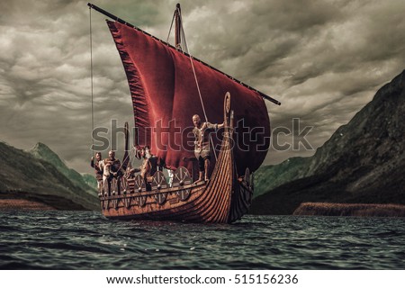 Group of vikings are floating on the sea on Drakkar with mountains on the background.