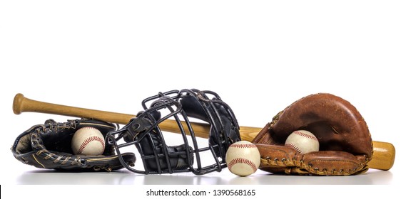 A Group Of Vintage Baseball Equipment On A White Background