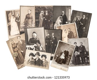 Group Of Vintage Family And Wedding Photos Circa 1890-1920. Nostalgic Sentimental Pictures On White Background