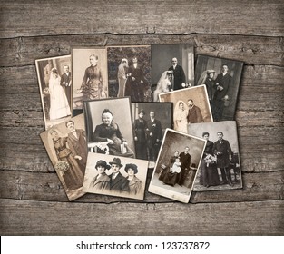 group of vintage family and wedding photos circa 1890-1920. nostalgic sentimental pictures on rustic wooden background - Shutterstock ID 123737872