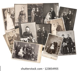 Group Of Vintage Family And Wedding Photos Circa 1885-1920. Nostalgic Sentimental Pictures Collage On White Background