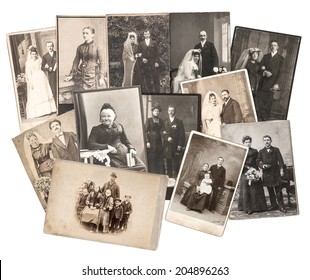 Group Of Vintage Family And Wedding Photos Circa 1885-1900. Nostalgic Sentimental Pictures Collage On White Background. Original Photos With Scratches And Film Grain