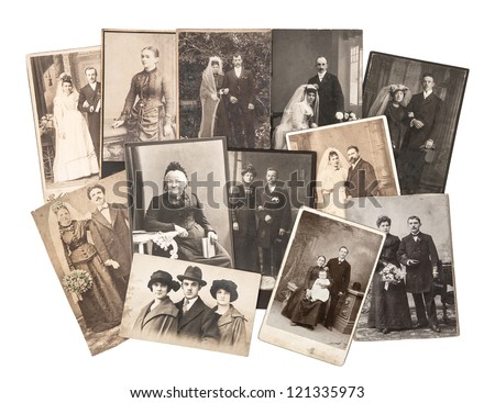 group of vintage family and wedding photos circa 1890-1920. nostalgic sentimental pictures on white background