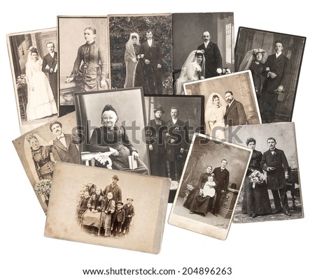 group of vintage family and wedding photos circa 1885-1900. nostalgic sentimental pictures collage on white background. original photos with scratches and film grain