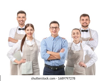 Group Of Waiters With Teacher On White Background