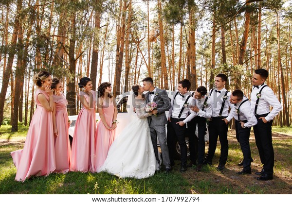Group Wedding Photo Bride Groom Kisses Stock Photo (Edit Now) 1707992794