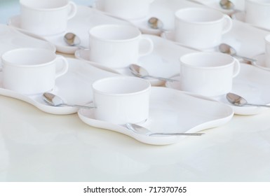 Group white coffee cup empty on the table