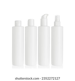 Group of white cosmetic transparent bottles isolated on white background with disc top cap, flip cap, lotion pump and spray pump. Packaging of bottles for cosmetics and medical products.