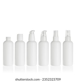 Group of white cosmetic transparent bottles isolated on white background with disc top cap, lotion pump and spray pump. Packaging of bottles for cosmetics and medical products.