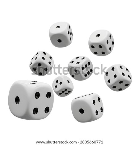 Group of white plastic gaming dice with black pips floating in the air, multiple six-sided cubes falling or tumbling, isolated on a white background, gambling and board game concept